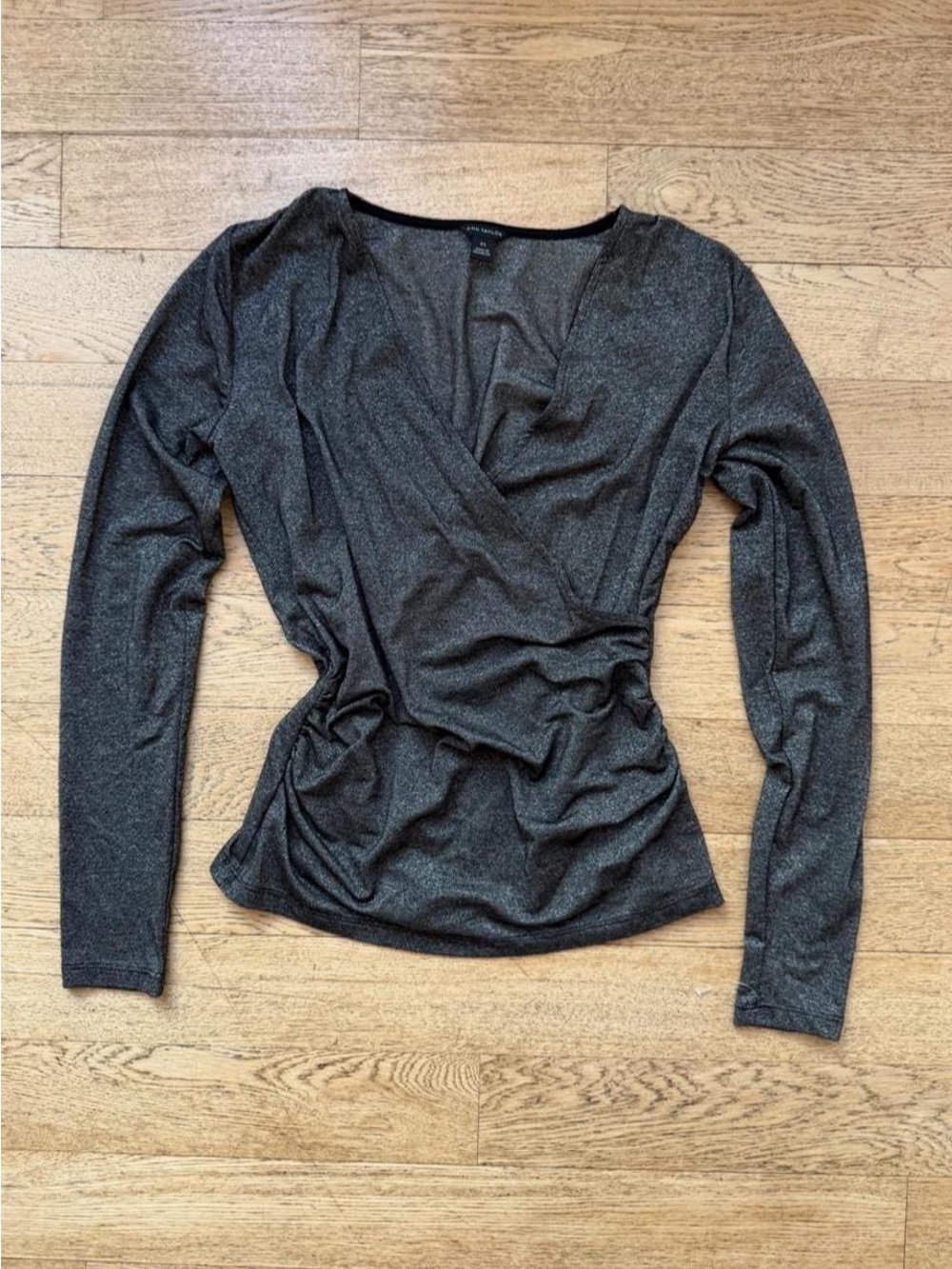 Ann Taylor Long Sleeve Faux-Wrap Top in Shimmery Charcoal 90s Minimalist